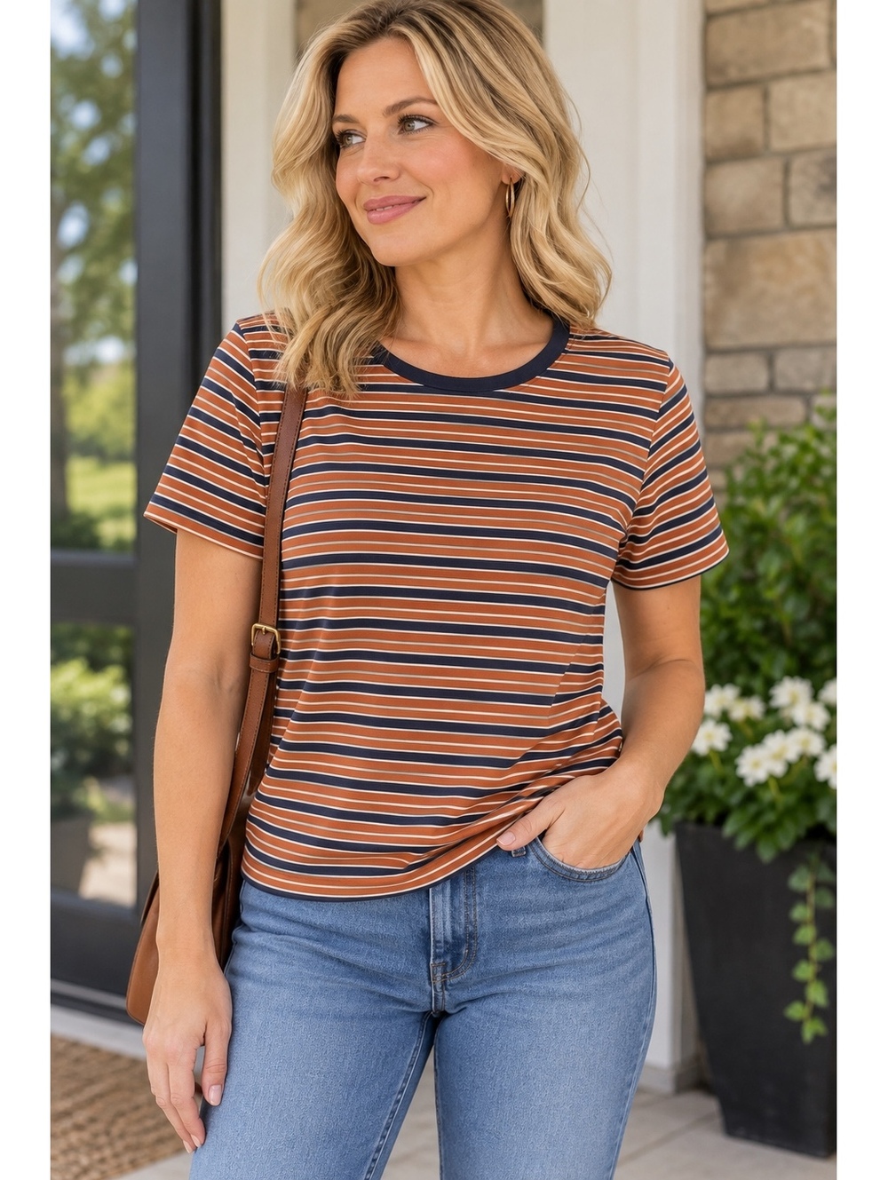 Duluth Trading Women’s 1X Orange Blue Striped Cotton Short Sleeve T-Shirt